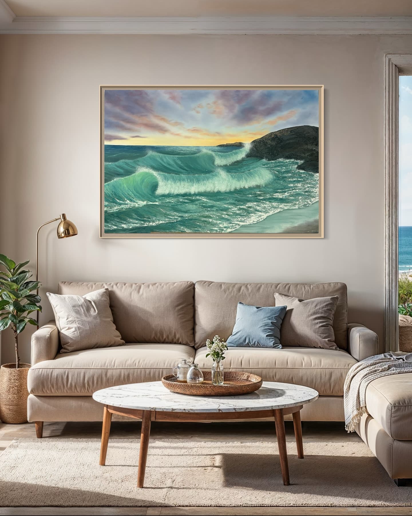 «Mjølhussanden»: bølger mot klippekyst under pastellhimmel, hengt over sofa.